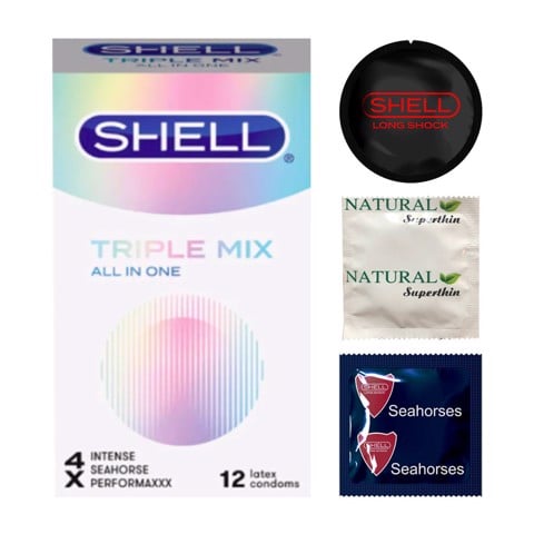 Bao cao su Shell Triple Mix - Siêu mỏng mát lạnh gân gai - Hộp 12 cái